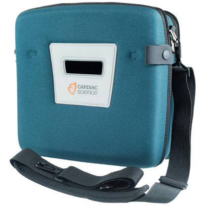 Blue carrying case with a strap and 'Cardiac Science' logo on a white background
