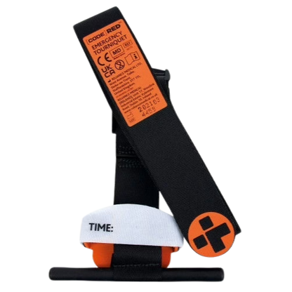 Emergency tourniquet with black strap, orange label, and white and orange components on a white background