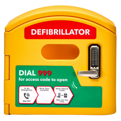 bright yellow  defibrillator cabinet, with writing in green block ' dial 999' for access code to open