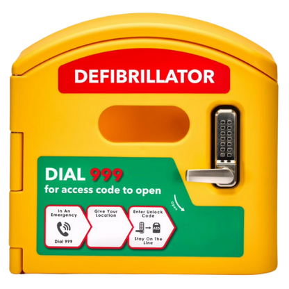 bright yellow  defibrillator cabinet, with writing in green block ' dial 999' for access code to open