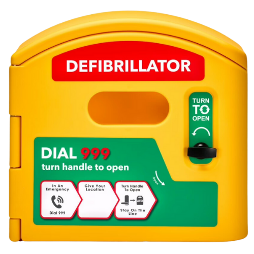Yellow Defibrillator AED Cabinet, Dial 999 in green box, turn to open handle