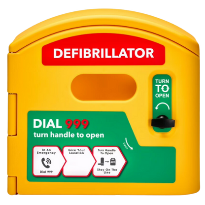 Yellow Defibrillator AED Cabinet, Dial 999 in green box, turn to open handle