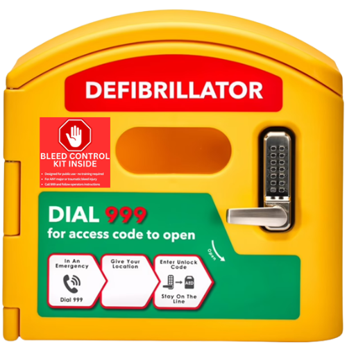 DefibCaddy External Locked Defibrillator Cabinet & STOP THE BLEED Sticker