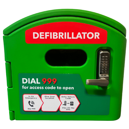 Bright green AED Cabinet, with defibrillator in red box