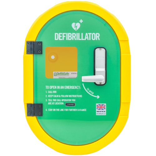 Yellow outer, green inside defibrillator cabinet. instructions how to open on the green background 