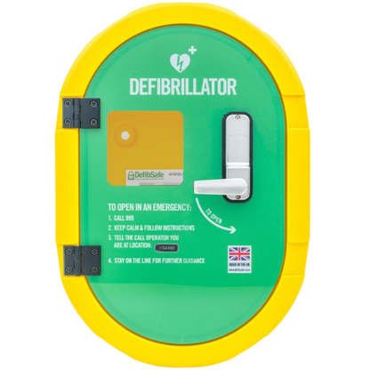Yellow outer, green inside defibrillator cabinet. instructions how to open on the green background 