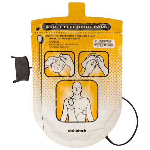Deftibtech adult electrode pads packaging on a white background