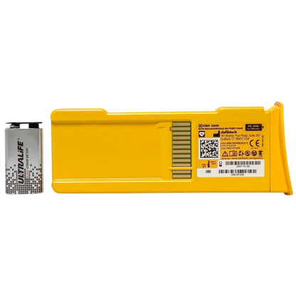 Yellow defibtech battery pack with a smaller UltraLife battery on a white background