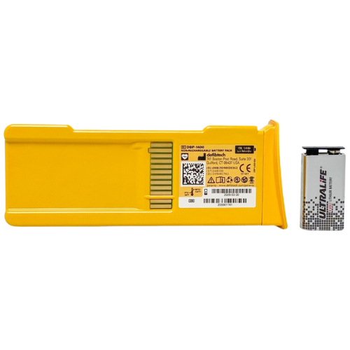Yellow defibtech battery pack with UltraLife branded battery on a white background