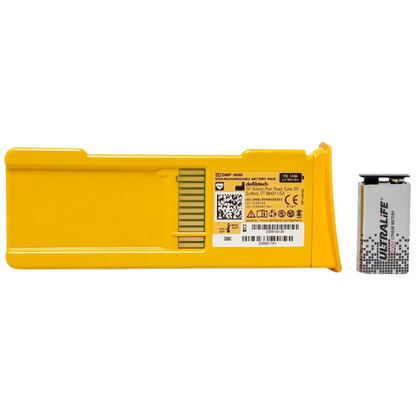 Yellow defibtech battery pack with UltraLife branded battery on a white background