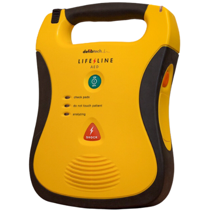 yellow and black Lifeline AED defibrillator 