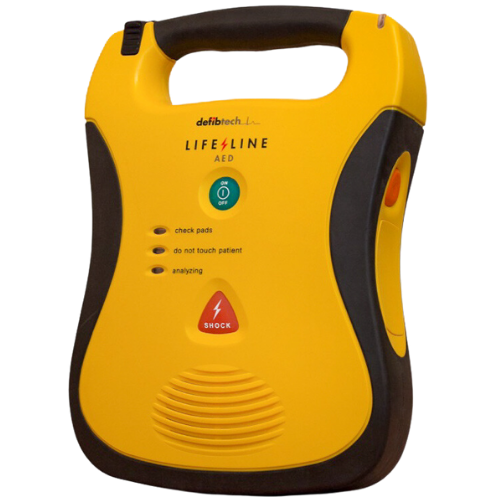 yellow and black Lifeline AED defibrillator 