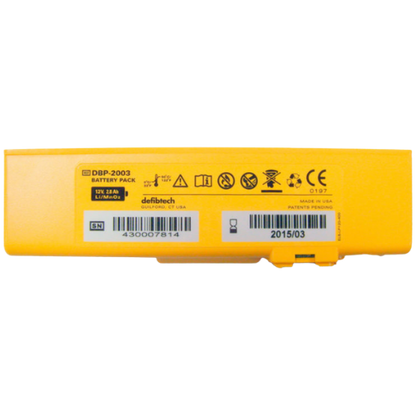 Yellow battery pack with Defibtech branding on a white background