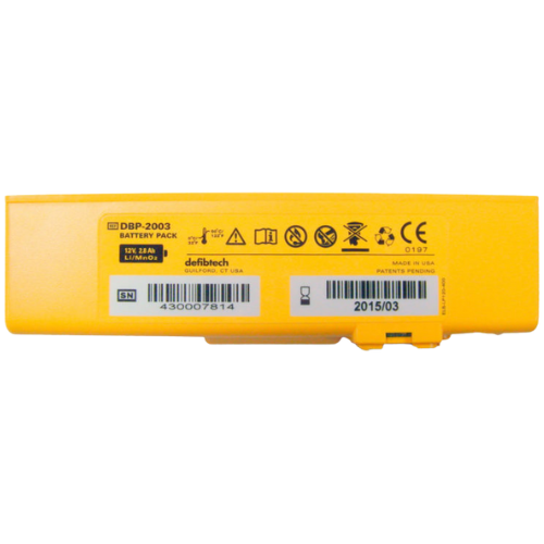 Yellow battery pack with Defibtech branding on a white background