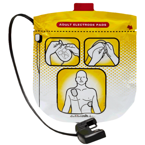 Defibtech AED (Automated External Defibrillator) electrode pads packaging with instructions on a white background