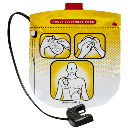 Defibtech AED (Automated External Defibrillator) electrode pads packaging with instructions on a white background