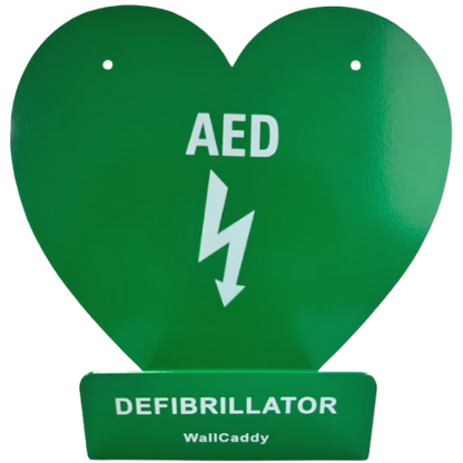 Heart-shaped green AED defibrillator stand with 'AED Defibrillator' text and WallCaddy branding.