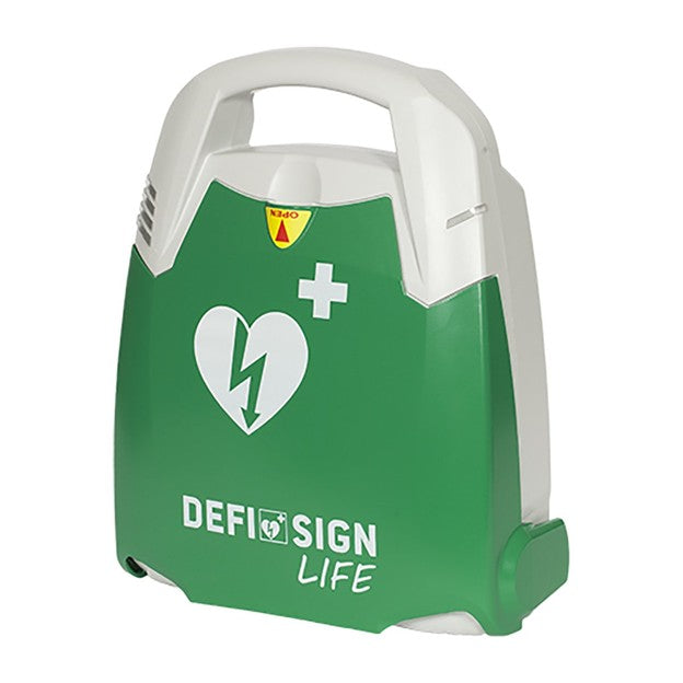 Green and white Defi Sign Life defibrillator on a white background