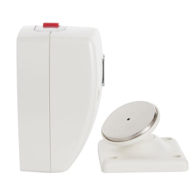 White electronic device with a red button on a white background