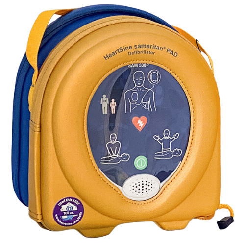 Heartsine Pad defibrillator in yellow and blue case