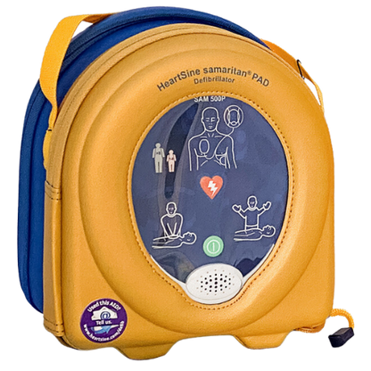 Heartsine Pad defibrillator in yellow and blue case