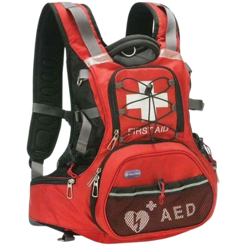 Red first aid backpack with AED and medical cross symbols on a white background