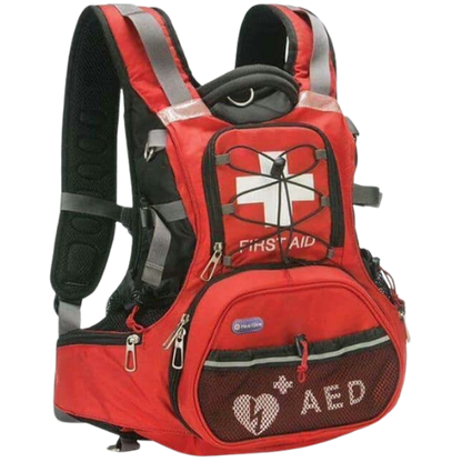 Red first aid backpack with AED and medical cross symbols on a white background