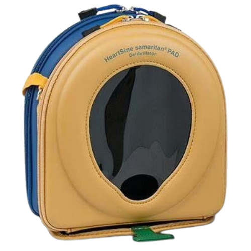 Defibrillator case with blue and yellow design on a white background