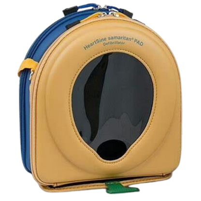 Defibrillator case with blue and yellow design on a white background