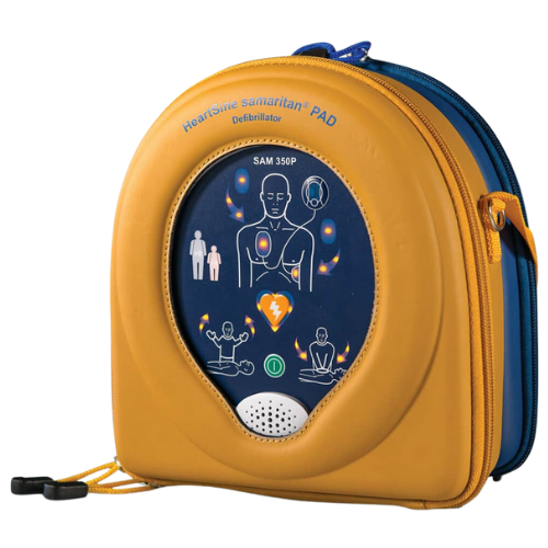 A yellow and blue AED (Automated External Defibrillator) on a white background