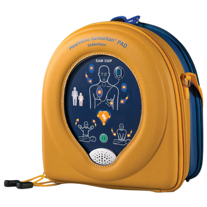 A yellow and blue AED (Automated External Defibrillator) on a white background