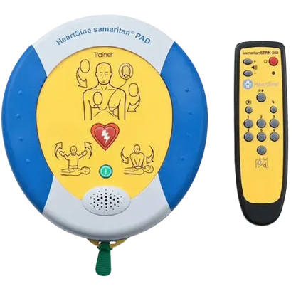 HeartSine Samaritan PAD trainer device with remote control on a white background
