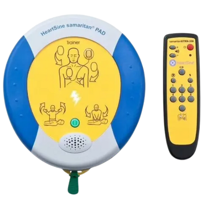 HeartSine Samaritan PAD defibrillator with remote on a white background