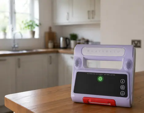 Portable HeartHero AED on a kitchen counter with a blurred kitchen background