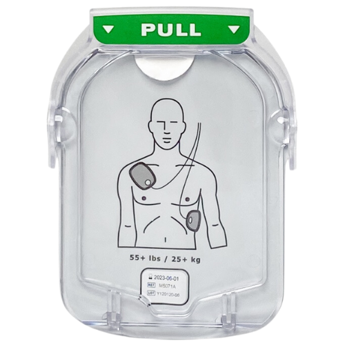 AED (Automated External Defibrillator) electrode pads packaging with a pull tab on a white background