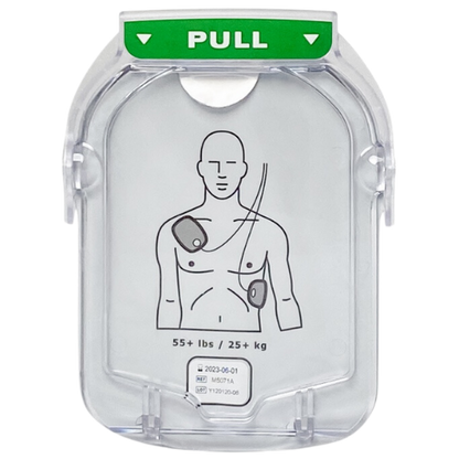 AED (Automated External Defibrillator) electrode pads packaging with a pull tab on a white background