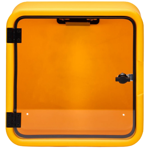Yellow plastic box with clear glass door on a white background