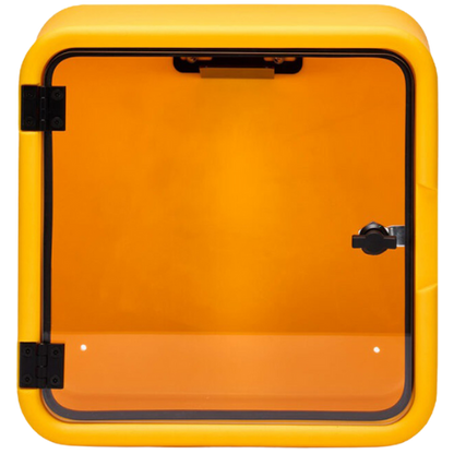 Yellow plastic box with clear glass door on a white background