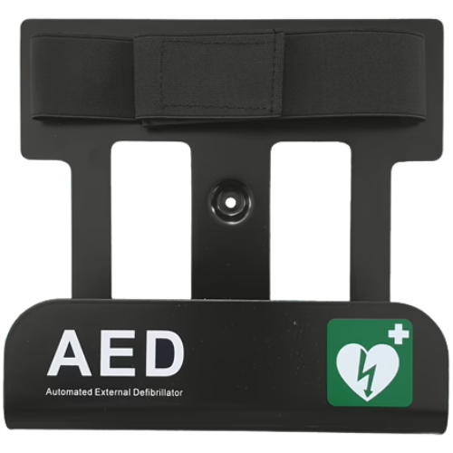 Black AED (Automated External Defibrillator) wall bracket with strap with a green heart and lightning bolt symbol on a white background