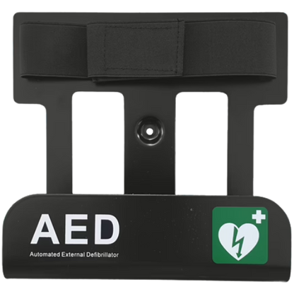 Black AED (Automated External Defibrillator) wall bracket with strap with a green heart and lightning bolt symbol on a white background
