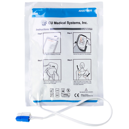 Packaged adult pads with CU Medical Systems, Inc. branding and instructions
