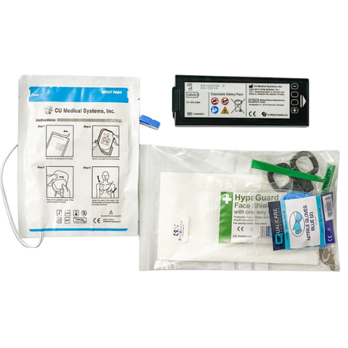 Medical supplies including a battery pack, face shield, and gloves on a white background