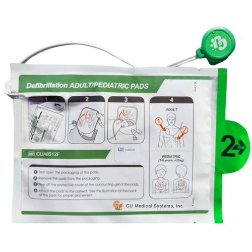 Defibrillation adult/pediatric CU Medical System defibrillator pads packaging with instructions on a white background