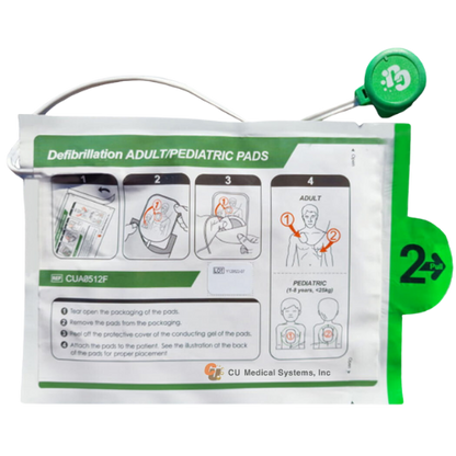 Defibrillation adult/pediatric CU Medical System defibrillator pads packaging with instructions on a white background