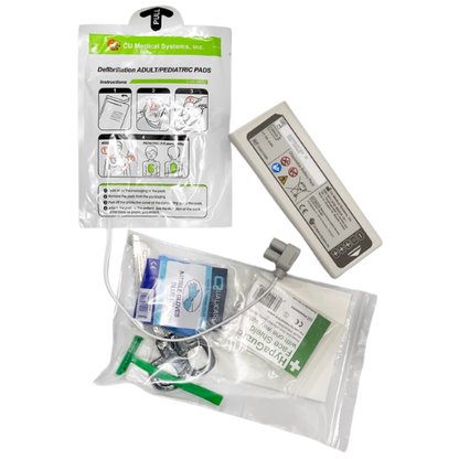 Defibrillation pads and accessories on a white background