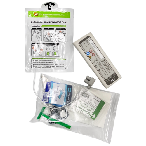 Defibrillation pads and accessories on a white background