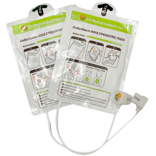 Two packages of CU Medical defibrillation pads with instructions on a white background