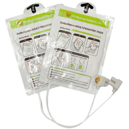 Two packages of CU Medical defibrillation pads with instructions on a white background