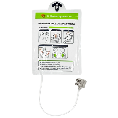 CU Medical Systems, Inc. defibrillation adult/pediatric pads packaging with instructions on a white background.