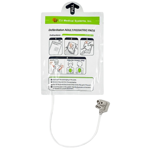 CU Medical Systems, Inc. defibrillation adult/pediatric pads packaging with instructions on a white background.
